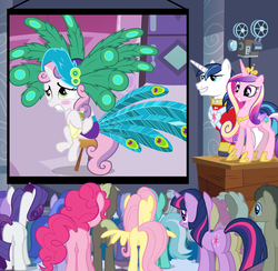 Size: 1024x1000 | Tagged: safe, amethyst star, coco crusoe, doctor whooves, fluttershy, lyra heartstrings, mjölna, pinkie pie, princess cadance, rarity, sea swirl, seafoam, shining armor, silver spanner, sparkler, sweetie belle, time turner, twilight sparkle, welch, alicorn, earth pony, pegasus, pony, unicorn, g4, ponyville confidential, background pony, background pony audience, female, filly, foal, mare, projector, unicorn twilight