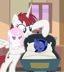 Size: 3600x4000 | Tagged: safe, artist:beavernator, princess celestia, princess luna, oc, oc:fausticorn, alicorn, pony, g4, baby, baby blanket, baby celestia, baby luna, baby pony, diaper, female, filly, foal, hoof sucking, hospital, infant, lauren faust, newborn, pink-mane celestia, ponified, pram, siblings, sisters, sleeping, swaddled, swaddled baby, wrapped snugly