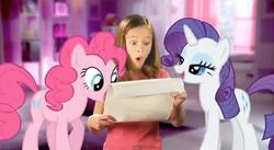 Size: 627x344 | Tagged: dead source, safe, pinkie pie, rarity, human, g4, bedroom eyes, irl, meme, photo