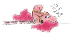 Size: 694x342 | Tagged: dead source, safe, artist:alloyrabbit, pinkie pie, earth pony, pony, g4, bondage, gag, macro, peril, rope, rope gag, simple background, tied to tracks, tied up, train, train tracks, unsexy bondage, white background