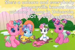 Size: 1149x766 | Tagged: safe, edit, edited screencap, screencap, cheerilee (g3), pinkie pie (g3), rainbow dash (g3), scootaloo (g3), sweetie belle (g3), earth pony, pony, unicorn, g3, g3.5, newborn cuties, once upon a my little pony time, over two rainbows, baby, baby pony, core five, cute, diaper, female, filly, foal, g3 cheeribetes, g3 cutealoo, g3 dashabetes, g3 diapinkes, g3 diasweetes, group, mud, quintet, racism, sitting, text, unicornia