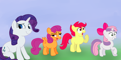 Size: 1400x700 | Tagged: safe, artist:timidusartifex, apple bloom, rarity, scootaloo, sweetie belle, g4, alternate hairstyle, apple bloom's bow, cutie mark crusaders, hilarious in hindsight, mane swap, sitting