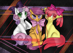 Size: 2929x2141 | Tagged: safe, artist:mscootaloo, apple bloom, scootaloo, sweetie belle, g4, bow, cutie mark crusaders, high res