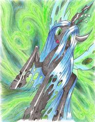 Size: 1666x2138 | Tagged: safe, artist:philo5, queen chrysalis, changeling, changeling queen, g4, crown, female, frown, jewelry, raised hoof, regalia, solo, standing, traditional art