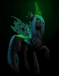 Size: 1178x1500 | Tagged: dead source, safe, artist:foxdoge, queen chrysalis, changeling, changeling queen, g4, fangs, female, glowing horn, horn, looking at you, raised hoof, solo, standing