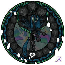 Size: 1600x1600 | Tagged: safe, artist:akili-amethyst, princess cadance, queen chrysalis, shining armor, twilight sparkle, changeling, changeling queen, g4, crown, disney, dive to the heart, female, jewelry, kingdom hearts, regalia, stained glass, transparent wings, wings
