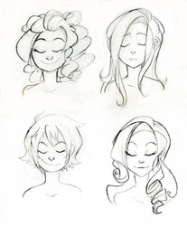 Size: 600x724 | Tagged: dead source, safe, artist:quasiarti, fluttershy, pinkie pie, rainbow dash, rarity, human, g4, bare shoulder portrait, bust, eyes closed, humanized, sketch, traditional art