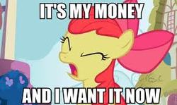 Size: 290x173 | Tagged: safe, apple bloom, earth pony, pony, g4, caption, duo, i want it now, image macro, j.g. wentworth, text