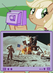 Size: 564x771 | Tagged: safe, applejack, earth pony, pony, g4, conspiracy theory, exploitable meme, liar face, liarjack, meme, moon landing, scrunchy face, tv meme