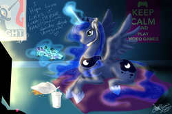 Size: 1800x1200 | Tagged: safe, artist:daughter-of-fantasy, princess luna, pony, gamer luna, g4, female, prone, solo