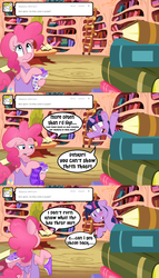 Size: 1114x1947 | Tagged: safe, artist:pippy, pinkie pie, twilight sparkle, earth pony, pony, unicorn, pinkiepieskitchen, g4, clothes, comic, female, golden oaks library, mare, panties, socks, underwear, unicorn twilight