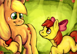 Size: 683x483 | Tagged: safe, artist:reaperfox, apple bloom, applejack, earth pony, pony, g4, female, filly, mare