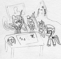 Size: 1319x1295 | Tagged: safe, artist:slizergiy, princess celestia, princess luna, shining armor, twilight sparkle, g4, monochrome, newbie artist training grounds