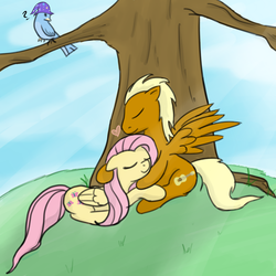 Size: 1000x1000 | Tagged: safe, artist:theparagon, fluttershy, leeroy wingkins, bird, pegasus, pony, g4, background pony, clothes, eyes closed, female, hat, heart, leeroyshy, male, mare, shipping, species swap, stallion, straight, trixie's hat