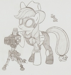 Size: 1115x1176 | Tagged: safe, artist:creamygravy, applejack, earth pony, pony, g4, cosplay, crossover, engineer, engineer (tf2), female, monochrome, solo, team fortress 2, traditional art, turret