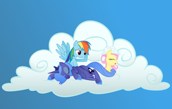 Size: 1900x1200 | Tagged: safe, artist:kurokaji11, fluttershy, princess luna, rainbow dash, g4, cloud, sleeping