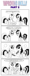 Size: 793x1997 | Tagged: safe, artist:bcrich40, rainbow dash, twilight sparkle, pegasus, pony, unicorn, comic:improving skills, g4, comic, dialogue, female, improving skills, mare, monochrome, simple background, unicorn twilight, white background