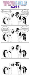 Size: 793x2001 | Tagged: safe, artist:bcrich40, rainbow dash, twilight sparkle, pegasus, pony, unicorn, comic:improving skills, g4, breaking the fourth wall, comic, dialogue, female, fourth wall, improving skills, mare, monochrome, simple background, unicorn twilight, white background