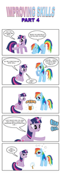 Size: 793x2224 | Tagged: safe, artist:bcrich40, rainbow dash, twilight sparkle, pegasus, pony, unicorn, comic:improving skills, g4, alcohol, cider, comic, dialogue, drunk, drunk bubbles, drunker dash, duo, female, improving skills, mare, mug, simple background, sitting, unamused, unicorn twilight, white background