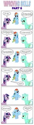 Size: 793x2877 | Tagged: safe, artist:bcrich40, lyra heartstrings, rainbow dash, twilight sparkle, pegasus, pony, unicorn, comic:improving skills, g4, blushing, comic, confused, dialogue, female, improving skills, looking up, mare, simple background, sitting, twilight sparkle is not amused, unamused, unicorn twilight, white background, wingboner