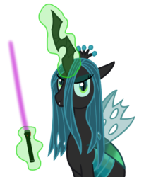 Size: 1350x1575 | Tagged: dead source, safe, artist:ericac78, queen chrysalis, changeling, changeling queen, g4, energy weapon, female, glowing horn, horn, levitation, lightsaber, magic, mare, simple background, solo, star wars, telekinesis, transparent background, weapon, wings