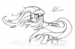 Size: 1796x1176 | Tagged: safe, artist:leadhooves, fluttershy, pegasus, pony, g4, female, floppy ears, folded wings, looking at you, looking back, looking back at you, mare, monochrome, one eye closed, pencil drawing, solo, standing, teary eyes, traditional art, windswept mane, wings