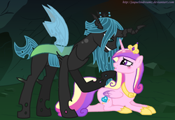 Size: 900x618 | Tagged: dead source, safe, artist:jaquelindreamz, princess cadance, queen chrysalis, alicorn, changeling, changeling queen, pony, g4, bedroom eyes, blushing, changeling king, duo, eye contact, female, grin, king metamorphosis, male, prone, rule 63, smiling, straight, this will end in rape