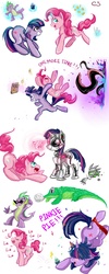 Size: 1000x2500 | Tagged: safe, artist:cruelseptember, gummy, pinkie pie, spike, twilight sparkle, earth pony, pony, robot, unicorn, g4, :d, book, comic, confetti, cupcake, ears back, earth pony twilight, eyes closed, female, food, fork, hair over eyes, hat, hologram, knife, levitation, magic, magic aura, male, mare, messy mane, open mouth, open smile, party hat, portal, race swap, robot spike, robot twilight sparkle, scared, shenanigans, simple background, singing, sketch dump, smiling, sunglasses, telekinesis, tentacles, tongue out, unicorn pinkie pie, white background