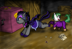 Size: 1024x704 | Tagged: safe, artist:mik3thestrange, bat pony, earth pony, pony, g4, armor, bucking, clothes, male, night guard, stallion, the joker, warehouse