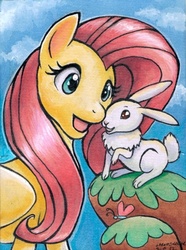 Size: 446x600 | Tagged: safe, artist:aokibengal, angel bunny, fluttershy, pegasus, pony, g4, traditional art