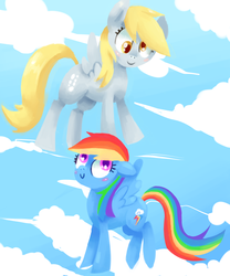 Size: 2500x3000 | Tagged: safe, artist:verrmont, derpy hooves, rainbow dash, pegasus, pony, g4, blushing, cloud, cute, duo, female, high res, mare, sky