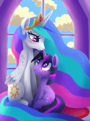 Size: 1700x2300 | Tagged: safe, artist:verrmont, princess celestia, twilight sparkle, alicorn, pony, unicorn, g4, blushing, duo, female, mare, sitting, student, teacher, unicorn twilight, window