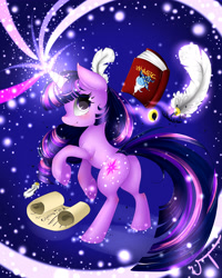 Size: 4000x5000 | Tagged: safe, artist:vardastouch, twilight sparkle, pony, unicorn, g4, book, female, ink, magic, mare, quill, rearing, scroll, solo, telekinesis, unicorn twilight