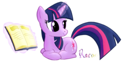 Size: 800x401 | Tagged: dead source, safe, artist:raynaron, twilight sparkle, pony, unicorn, g4, book, female, looking back, lying down, magic, mare, ponyloaf, prone, simple background, smiling, solo, telekinesis, transparent background, unicorn twilight