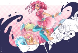Size: 1000x681 | Tagged: safe, artist:mallary, pinkie pie, human, g4, female, food, humanized, ink, solo, surreal, sweets