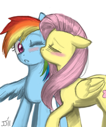 Size: 700x840 | Tagged: safe, artist:johnjoseco, fluttershy, rainbow dash, pegasus, pony, g4, :o, blushing, cheek kiss, colored, female, floppy ears, kissing, lesbian, mare, one eye closed, open mouth, ship:flutterdash, shipping, simple background, white background