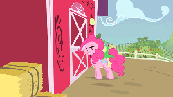 Size: 640x360 | Tagged: safe, screencap, gummy, pinkie pie, earth pony, pony, g4, party of one, animated, boop, eyes closed, female, gritted teeth, gummy riding pinkie pie, headbutt, knocking, mare, pinkie being pinkie, riding