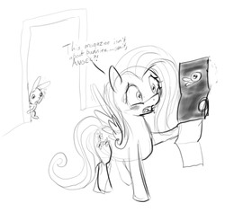 Size: 1152x1088 | Tagged: safe, artist:snapai, angel bunny, fluttershy, pegasus, pony, rabbit, g4, animal, blushing, centerfold, female, magazine, mare, monochrome, song reference, the j. geils band