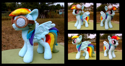 Size: 1723x919 | Tagged: safe, artist:fireflytwinkletoes, rainbow dash, pegasus, pony, g4, goggles, irl, multiple views, outdoors, photo, plushie, solo