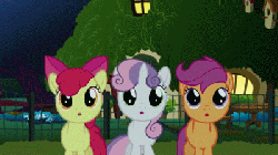 Size: 400x225 | Tagged: safe, screencap, apple bloom, scootaloo, sweetie belle, g4, stare master, animated, blinking, cutie mark crusaders, female