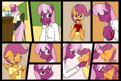 Size: 4500x3000 | Tagged: dead source, safe, artist:kloudmutt, cheerilee, scootaloo, anthro, g4, apple, bandaid, bedroom eyes, blushing, cheerilee gets all the fillies, cheeriloo, comic, eyes closed, female, floppy ears, heart, hot for teacher, kiss on the lips, kissing, lesbian, raised eyebrow, shipping, shy, sitting, smiling, teacher and student