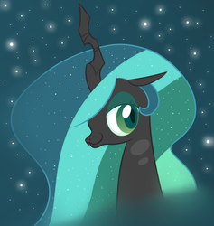 Size: 615x650 | Tagged: safe, artist:hip-indeed, queen chrysalis, changeling, changeling queen, g4, alternate hairstyle, bust, female, smiling, solo, stars