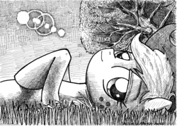 Size: 4896x3512 | Tagged: safe, artist:smellslikebeer, applejack, earth pony, pony, g4, black and white, crosshatch, freckles, grass, grayscale, hat, ink, looking at you, lying down, monochrome, on back, traditional art