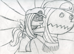 Size: 1039x766 | Tagged: safe, artist:thebigapple, fluttershy, oc, oc:mrs. f, robot, g4, bro-bot, clothes, costume, crossover, hat, luigi, male, mask, monochrome, mr. l, nintendo, paper mario, parody, ponified, sketch, super mario bros., super paper mario, traditional art