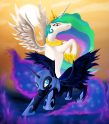Size: 1200x1360 | Tagged: safe, artist:macflash2, nightmare moon, princess celestia, alicorn, pony, g4, armor, jewelry, looking at each other, regalia, slit pupils, spread wings, white sclera, wings