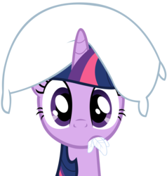 Size: 3364x3538 | Tagged: safe, artist:dentist73548, twilight sparkle, pony, unicorn, g4, look before you sleep, cute, feather, female, frown, high res, looking at you, mare, mouth hold, pillow, pillow hat, simple background, solo, surprised, transparent background, vector, wide eyes