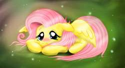 Size: 1500x821 | Tagged: safe, artist:macflash2, fluttershy, pegasus, pony, g4, female, mare, prone, solo