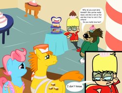 Size: 900x684 | Tagged: safe, artist:cartuneslover16, carrot cake, cup cake, earth pony, human, pony, g4, codename kids next door, comic sans, crossover, female, kick buttowski suburban daredevil, male, mare, ogie, ronaldo, stallion, story included