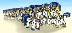 Size: 4300x1985 | Tagged: safe, artist:wolframclaws, shining armor, pegasus, pony, unicorn, g4, armor, captain shining armor, gradient background, helmet, hoof shoes, inspection, line-up, male, pegasus royal guard, royal guard, stallion