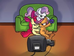 Size: 1024x768 | Tagged: safe, artist:gachucho, apple bloom, scootaloo, sweetie belle, g4, couch, cutie mark crusaders, gamer belle, nintendo 64, video game